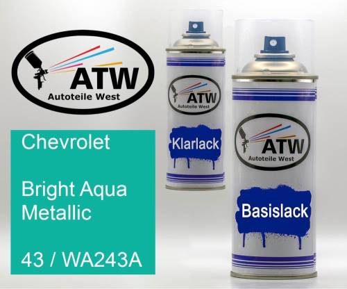 Chevrolet, Bright Aqua Metallic, 43 / WA243A: 400ml Sprühdose + 400ml Klarlack - Set, von ATW Autoteile West.